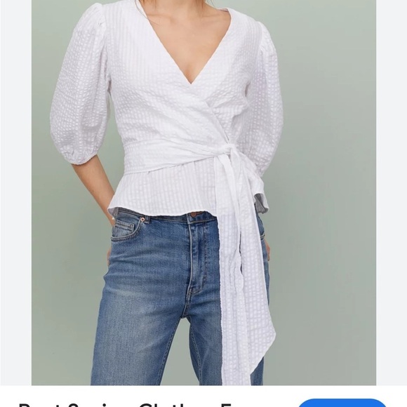 WHITE SEERSUCKER WRAP SURPLICE PUFF SLEEVE BLOUSE TOP SIZE SMALL NWT - Picture 10 of 10